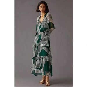 Anthropologie Green and White Maxi Dress